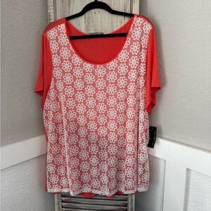 NWT!! Cute Kim Rogers Curvy Women's 3X Coral Floral Short Sleeve Blouse Top